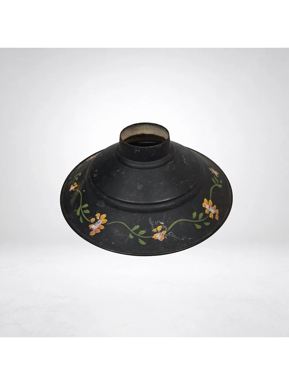 Antique Tole Oil Lantern Shade, Hand Painted Floral, 6.5in